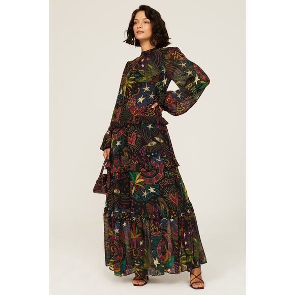 FARM RIO Black Amazonia High Neck Jungle Theme Ruffle Tiers Maxi Dress Size XS - Picture 1 of 16